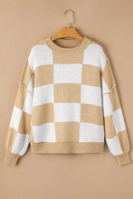 Checkered ribbed knit sweater in mustard beige and white