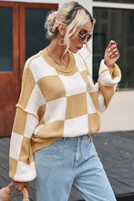 Checkered ribbed knit sweater in mustard beige and white