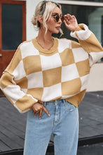 Yellow and white checkered ribbed knit sweater in mustard beige