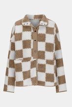 Checkered Snap Down Long Sleeve Teddy Jacket Woman Outerwear