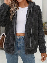 Checkered Texture Zip Up Drawstring Fuzzy Jacket Woman Outerwear