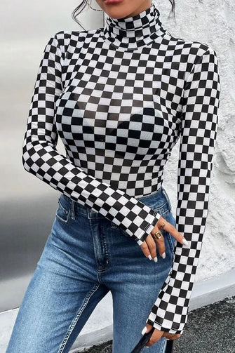 Checkered Turtleneck Bodysuit in Black and White Black