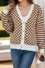 Checkered V-Neck Long Sleeve Cardigan Brown Woman Outerwear