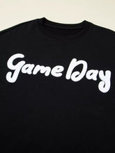 Black chenille drop shoulder sweatshirt with bold white game day cursive lettering, machine wash friendly