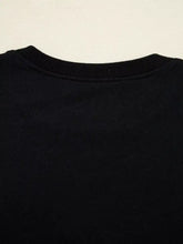 Black chenille game day drop shoulder crewneck sweater with ribbed neckline, machine wash safe
