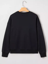 Black chenille game day sweatshirt with drop shoulder design ribbed cuffs and hem machine wash safe
