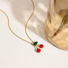 18K gold-plated cherry pendant necklace with red berries and leaf