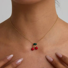 18K gold-plated cherry pendant necklace with red berries and green stem