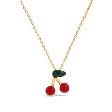 Cherry pendant necklace in 18k gold-plated stainless steel with red and green enamel details