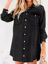 Black denim raw hem shirt dress with chest pocket white buttons and frayed hem detail