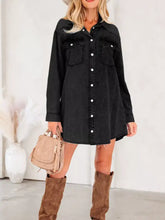 Black denim raw hem shirt dress with chest pocket white buttons and frayed hem for casual wear