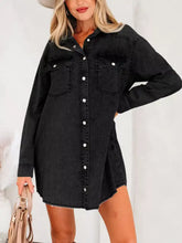 Black raw hem denim shirt dress featuring a chest pocket and button-front design with frayed hem detailing