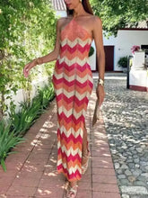 Vibrant chevron pattern halter neck sweater maxi dress in coral, orange, cream
