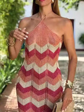 Vibrant chevron pattern halter neck sweater dress in coral, pink, beige