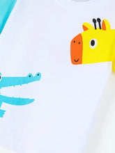 Children’s animal print color block t-shirt with yellow giraffe and blue crocodile