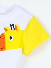 Children’s animal print color block t-shirt with yellow giraffe, machine wash cold