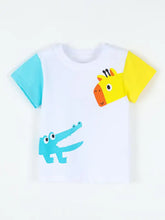 White toddler animal print color block t-shirt with giraffe and crocodile