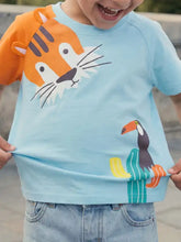 Light blue round neck kids t-shirt with orange tiger and toucan on cactus