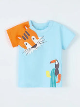 Light blue round neck kids t-shirt with tiger sleeve and toucan print