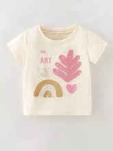 Children’s artistic applique t-shirt in cream with pink leaf, gold rainbow, heart, the art text, basic style