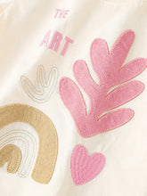 Children’s artistic applique short sleeve t-shirt in cream cotton with pink gold embroidery