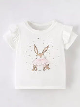 White bunny graphic toddler tee with ruffle sleeves, mesh tutu, machine wash cold