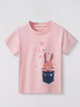 Pink childrens bunny t-shirt with embroidered pocket, floral motifs. Navy blue, machine wash cold