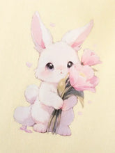 Cute bunny ruffle sleeve t-shirt with watercolor bunny holding pink tulips