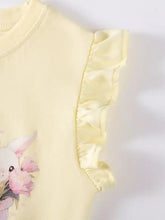 Children’s Bunny Ruffle Sleeve T-Shirt in soft yellow with pink floral bunny print, machine wash cold