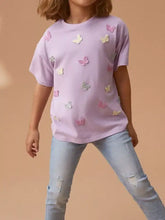 Children’s butterfly applique crew neck t-shirt in lavender with pink and yellow 3D butterfly appliques, machine wash cold