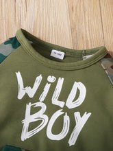 Childrens camouflage olive green pants set with wild boy t-shirt
