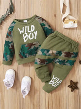 Childrens camouflage olive green pants set for infant boys with Wild Boy print