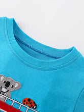 Bright blue kids bus embroidery t-shirt with koala and ladybug design