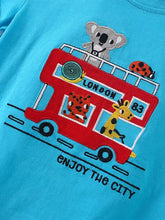 Children’s turquoise bus embroidery t-shirt with London cartoon bus design
