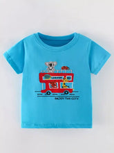 Bright blue kids t-shirt with red London bus embroidery and animals