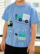 Light blue childrens cartoon construction vehicle t-shirt, machine wash cold