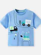 Light blue childrens short-sleeve t-shirt with cartoon construction vehicles