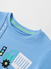 Light blue childrens cartoon construction vehicle t-shirt, machine wash cold