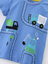 Light blue toddler cartoon construction vehicle t-shirt
