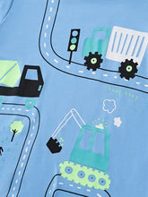 Light blue childrens cartoon construction vehicle t-shirt, machine wash cold