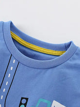 Light blue kids cartoon construction vehicle t-shirt, machine wash cold