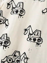 Children’s excavator print T-shirt in off-white fabric with cartoon vehicles. Machine wash cold
