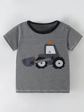 Gray white striped kids t-shirt with excavator applique machine wash cold