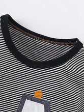 Children’s excavator appliqué striped T-shirt, black white navy pocket