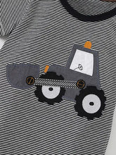 Gray excavator applique on striped kids t-shirt, machine wash cold