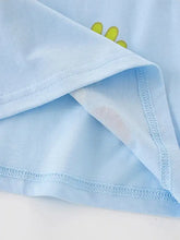 Light blue kids cartoon farm print t-shirt with yellow flower on shoulder