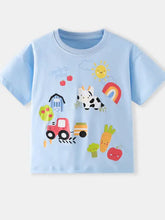 Light blue childrens cartoon farm print t-shirt, machine wash cold