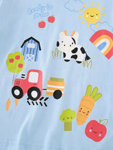 Light blue kids cartoon farm print t-shirt, machine wash cold