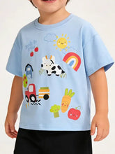 Light blue cartoon farm print toddler t-shirt, machine wash cold
