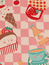 Pink checkered picnic blanket t-shirt with ice cream, food cartoons. Machine wash cold